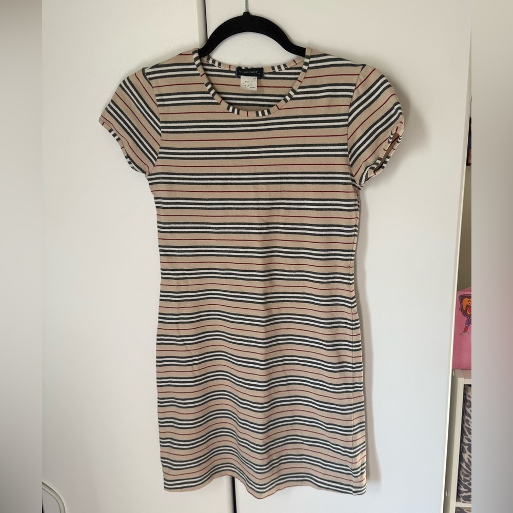 Burberry Striped Kids Dress in Cream, Black, and Pink